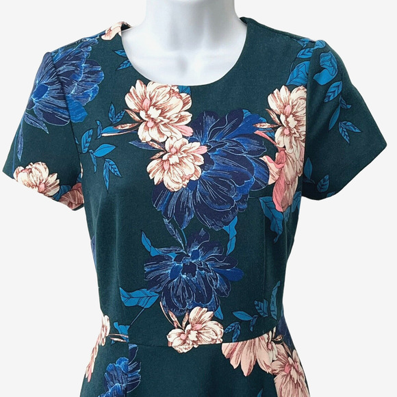 Eliza J Size 6 Dress Fit & Flare Pine Floral Jewel Neck Stretch Short Sleeves - Picture 7 of 13